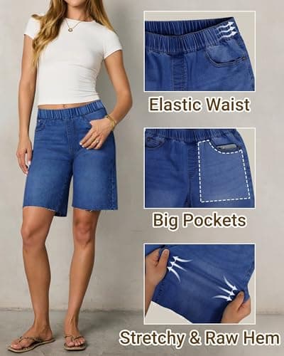 Women Jean Shorts Women Booty Lifting Jeans Blue Denim Plus Size Long Jean Shorts Dressy Casual Shorts - Thumbnail 4