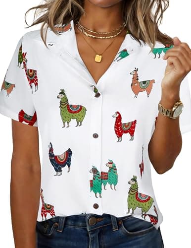 LILYCHIC Womens Short Sleeve Hawaiian Shirts V Neck Cowgirl Tshirts Button Down Summer Blouse Hawaiian Beach Outfit - Image 1