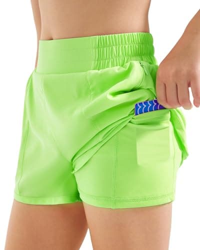 Stelle Girl's Athletic Shorts with Liner Zipper Pockets Elastic Waist Running Shorts Sports Active Shorts for Teen Kids(Neon Yellow,XS) - Thumbnail 2