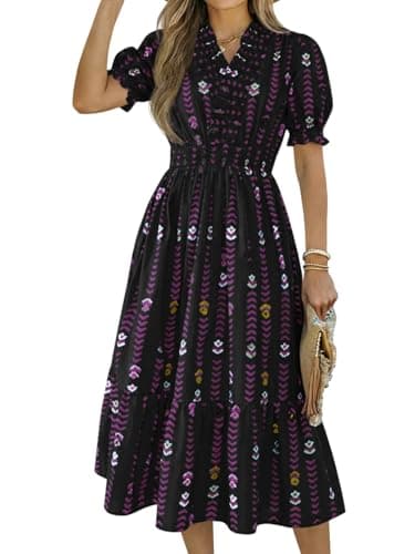 Wenrine Womens Summer Midi Dresses Casual Floral Short Puff Sleeve Ruffle V Neck Smocked Boho Beach Dress Black - Image 1