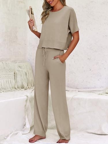 Fisoew Womens 2 Piece Outfits Sweater Sets Knit Split Crop Tops High Waisted Pants Lounge Set - Thumbnail 3