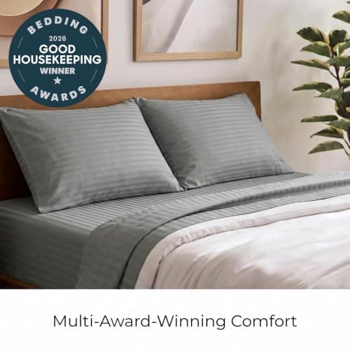 Mellanni California King Sheets Set - 4 PC Iconic Collection Bedding - Hotel Luxury, Extra Soft, Cooling Bed Sheets - Wrinkle, Fade, Stain Resistant (Cal King, Striped Gray/Silver) - Thumbnail 3