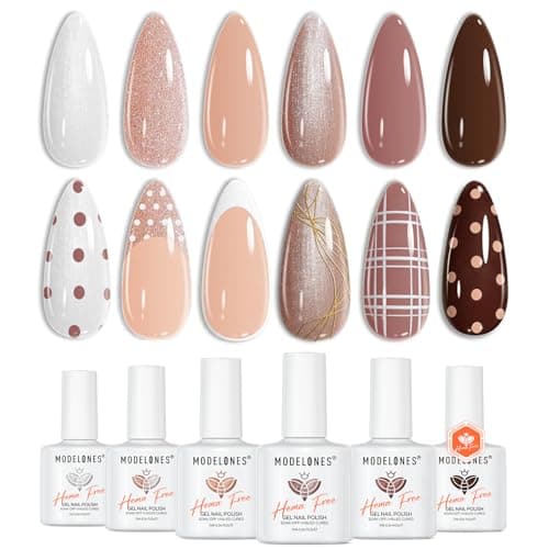 modelones Nude Hema Free Gel Nail Polish Set, 6 Colors Nude White Neutral Brown Skin Tone Beige Khaki Glitter Gel Polish Kit 2026 Spring Gel Nail Kit Polka Dot Nails Soak Off French Nail Art Manicure
