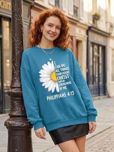 Ladicme Christian Sweatshirts For Women Oversized I Can Do All Things Daisy Graphic Pullover Top Casual Loose Fit Tops - Thumbnail 5