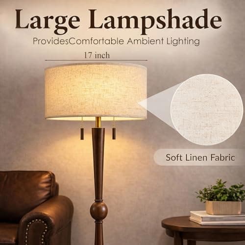MOFFE 62.8" Solid Wood Floor Lamp,Tall Standing Floor Lamp with 2-Light Pull Chain, 17" Linen Drum Shade, Sculptural Wood Base & Stem,Transitional Floor Lamp for Living Room Bedroom, Includes 2 Bulbs - Thumbnail 6