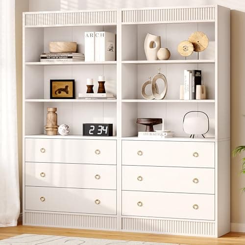 GarveeHome Bookshelf with Drawers 70.8" Fluted Bookcase, White Bookshelf 6 Tier Bookcase with Storage, Tall Book Shelf with Waved Design, Storage Cabinet with Open Shelf for Living Room Office - Thumbnail 3