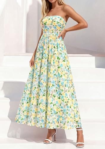PRETTYGARDEN Women Strapless Maxi Dress 2026 Summer Floral Tube Top Ruched Beach Spring Wedding Guest Long Dresses (Floral White Light Green,X-Large) - Thumbnail 4