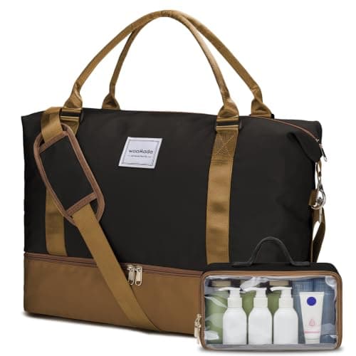 WOOMADA Weekender Overnight Bag for Women, Carry on Shoulder Travel Duffel with Shoes Compartment,Gym Bag with Toiletry Bag(black&coffee&brown) - Image 1