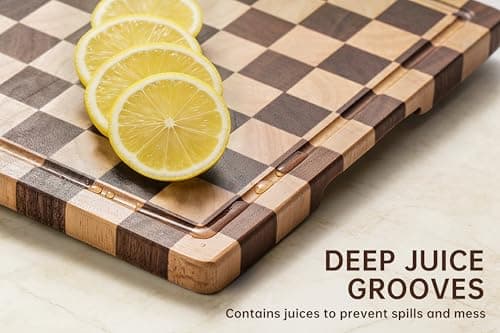 FYCTIO Checkered Cutting Boards for Kitchen, Wooden Chopping Board with Juice Grooves & Handles, Acacia Decorative Cutting Board Butcher Block Serving Tray with Gift Box, 16.5" x 11.6" x 0.8" - Thumbnail 4