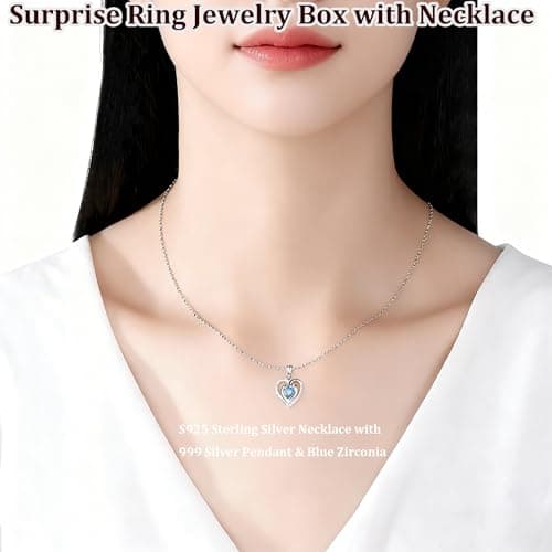 Bear Cake Rotating Ring Jewelry Box with S925 Necklace & 999 Silver Pendant, Blue Zirconia Ring Box for Proposal Engagement Wedding Birthday Gift, Surprise Flip Ring Bearer Box (Red Box+Necklace) - Thumbnail 2