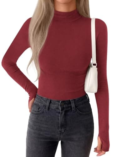 BTFBM Turtleneck Tops for Women Thumbhole Long Sleeve Shirts Red - Image 1