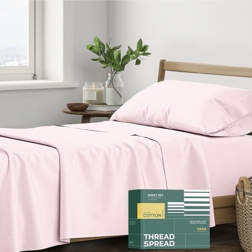 THREAD SPREAD 100% Organic Cotton Sheets Twin Size - 3 PC Organic Cotton Twin Size Percale Weave Sheet Set, Soft, Cooling, Crisp & Breathable, 16" Deep Pocket Bedding Set for Dorm Room - Blush - Image 1