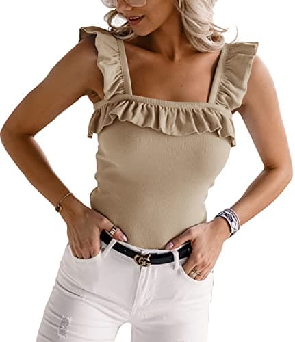 CNJFJ Womens Cute Sleeveless Tank Tops Ruffle Strap Square Neck Blouse Solid Color Knitted Camisole Dark Khaki - Image 1