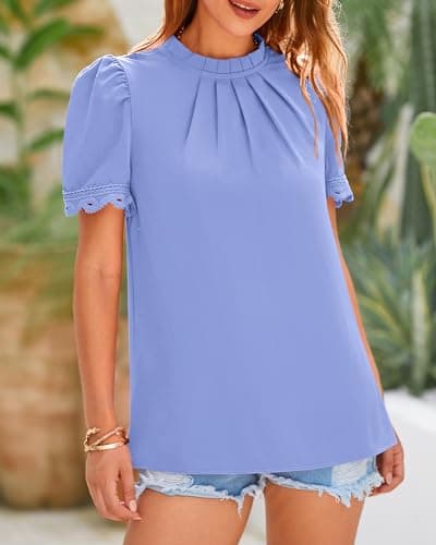 BTFBM Women Blouses Dressy Casual 2026 Summer Tops High Neck Lace Trim Short Sleeve Business Work Shirts Spring Clothes(Blue, X-Large) - Thumbnail 6