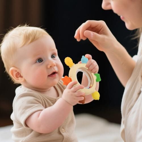 Baby Teething Rings Toys for 0-6 6-12 Months Animal Rattle Teether Sensory Toys for Babies 0-24Months Silicone Teether Relief Chew Soothing Sore Gums for Newborn Infant Essentials BPA Free (Animal) - Thumbnail 6