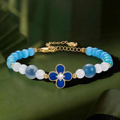 Cicy Bell 18K Gold Plated Bracelets for Women Lucky Four Leaf Clover Dainty Cubic Zirconia Charm Colorful Beads Adjustable Bracelet Trendy Friendship Jewelry Accessories - Thumbnail 5