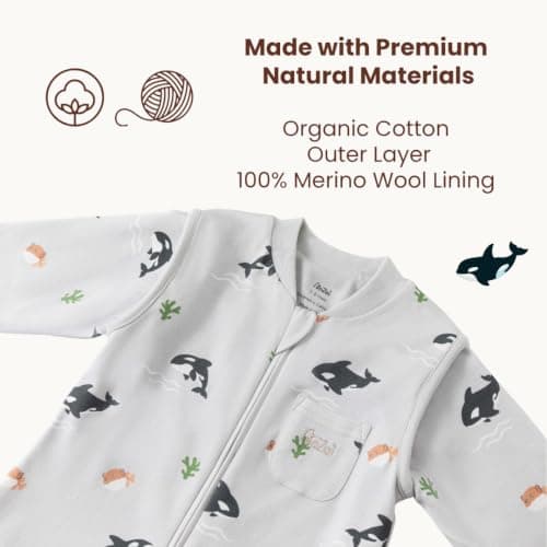 AnZai Merino Wool & Organic Cotton Toddler Sleep Sack with Feet – Removable Sleeves, Wearable Blanket with Legs (Grey Orca Dreams, 3-4 T) - Thumbnail 2