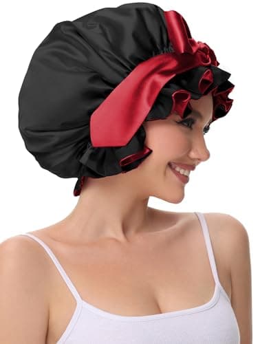 Vettres Hair Bonnet for Sleeping, Satin Silk Shower Cap Women 2026 with Tie Band and Adjustable Straps Head Wrap for Curly Hair Black F - Thumbnail 6