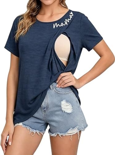 Nursing Shirts for Breastfeeding Double Layer Breast Feeding Tops Mama Postpartum Clothes Short Sleeve Maternity Tees Blue - Image 1