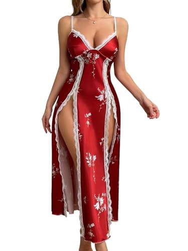 CRIPOM Silk Nightgown V Neck Sexy Night Gowns for Woman Red Lingerie for Women Side Split Nigtwear Bridal Pjs Satin Lingerie for Women Brick Red Floral S - Image 1
