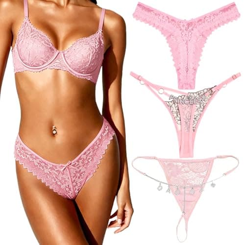 FASDECON Seamless Floral Lace Bikini Panties for Women, Sexy Cheeky Underwear with Rhinestone Letters for Ladies 3 Pack - Image 1