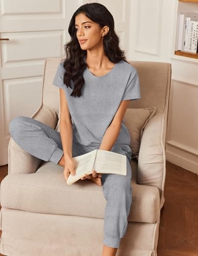 Ekouaer Womens Pajama Sets 100% Cotton Pajamas Short Sleeve Pj Top With Jogger Pants 2 Piece Lounge Set with Pocket Light Grey XL - Thumbnail 4