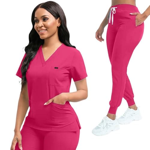YEZEX Scrubs for Women Set, Stretch V-Neck Top & Jogger Scrub Pants, Hot Pink