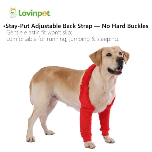 LovinPet Dog Front Leg Warmers for Medium Large Dogs, Double-Sided Fleece Elbow & Knee Sleeve, Adjustable Recovery Leg Protector, Anti-Lick, Anti-Chafe, Cold Weather Keep Warm, Red, XL - Thumbnail 4