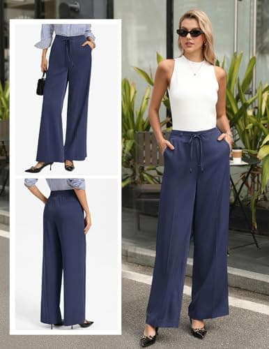 GRACE KARIN Trouser for Women, Wrinkle-Free Elastic Waist Pleated Front Straight Leg Work Palazzo Suit Pants Navy XL - Thumbnail 2