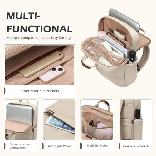 GOLF QUALITY Slim Laptop Backpack for Women, Lightweight Business Backpack for Women Computer Bag Purse for Commuting, Fit 16 Inch, Apricot - Thumbnail 5