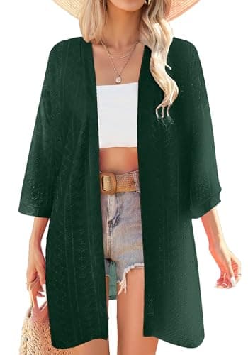 Dimur Coverups for Womens 3/4 Sleeve Summer Cardigans Business Casual Lightweight Kimono Beach Vacation Outfits Dark Green X-Large - Image 1