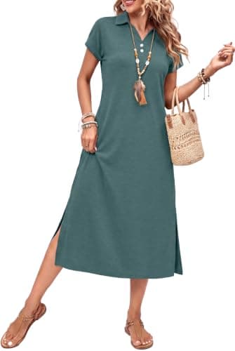 BEXIBOOM Women's T Shirt Maxi Dress, Summer Cap Sleeve V Neck Collared Casual Long Dress with Pockets, Side Split Vacation Dress Blue Gray-3XL