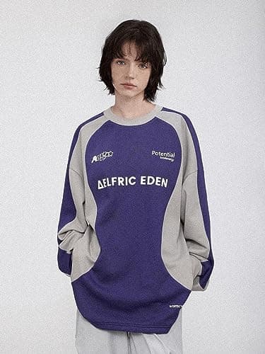 Aelfric Eden Oversized Graphic Sweatshirt for Women Contrast Color Crewneck Long Sleeve Tops Casual Pullover Purple Small - Thumbnail 2