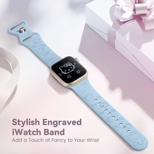 Girovo Cute Cat Engraved Band Compatible with Apple Watch Bands for Women 40/38/41/42mm (Series 11/10), Funny Cartoon Pattern Soft Silicone Sport Stylish Strap for iWatch Series 9 8 7 6 5 4 3 2 1 SE - Thumbnail 2