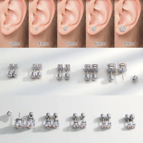 Hypoallergenic Threadless Flat Back Earrings,1 Pairs Cartilage Stud for Women Men Titanium Post 20G None Screw Easy Push in Gold Black Silver Stainless Steel Flatback with CZ 3-8mm (Silver Stud, 5mm) - Thumbnail 6