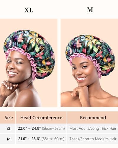 mikimini Large Shower Cap for Women Long Hair, Rainforest Bath Shower Caps with Pink Lace, Reusable Waterproof Shower Hat for Girls - Thumbnail 2