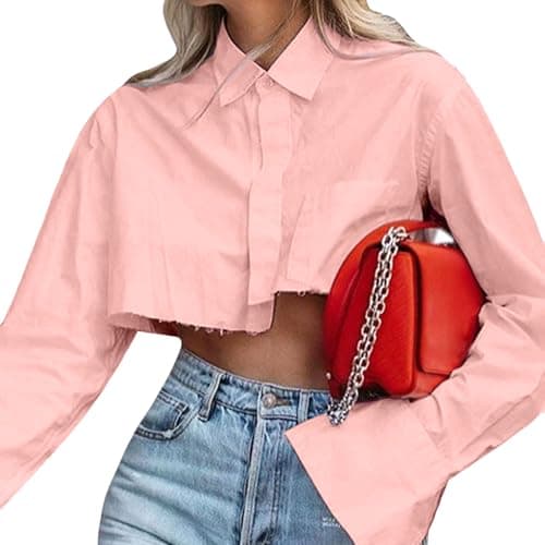 Asymmetrical Button Up Tops for Women Casual Long Sleeve Collared Shirts Top Pink XL - Image 1