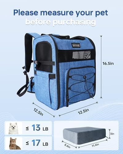 Hiking Dog Carrier Backpack, Padded Height-Enhancing Design, Adjustable Waist Cushioning Belt with Breathable Padded Back Support, Dog Carrier Backpack for Small Dogs Max 13LB Blue with Pad - Thumbnail 6