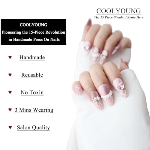 Handmade Nails Medium Pink Almond Press On Nails Press On Women Gifts 3D French Tip Press On Nails Stick On Nails For Women COOLYOUNG 15 PCS, Size S - Thumbnail 4
