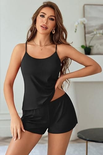 Ekouaer Summer Cami Pajama Set 2 Piece Cute Criss Cross Back Tank and Shorts Valentines Lingerie Sleepwear for Women Black - Thumbnail 4