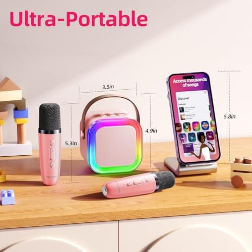 Kinglucky Mini Karaoke Machine for Kids, Top Birthday Gift Pick for Girls Ages 3, 4, 5, 6, 7, 8, 9, 10, 11, 12 Years Old, Kids' Personal Video Players Accessories with 2 Mics Singing Present Toy, Pink - Thumbnail 6