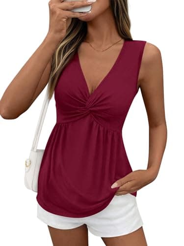 BTFBM Babydoll Tops for Women 2026 Trendy Spring Summer Outfits Twist Front V Neck Peplum Flowy Tank Tops Dressy Casual(Wine Red, Large) - Image 1