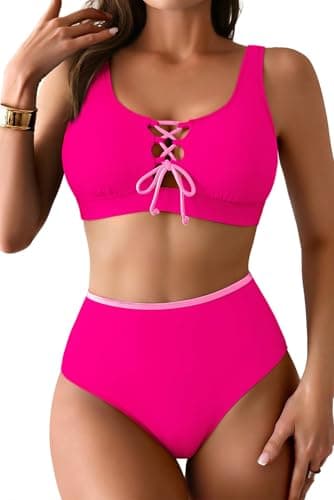 Pink Queen High Waisted Tummy Control Swimsuits for Women 2026 Push Up Tie Front Swimwear Cutout Full Coverage Crop Top with Cheeky High Cut Bottom Women's 2 Piece Bathing Suits Rose Red M - Image 1