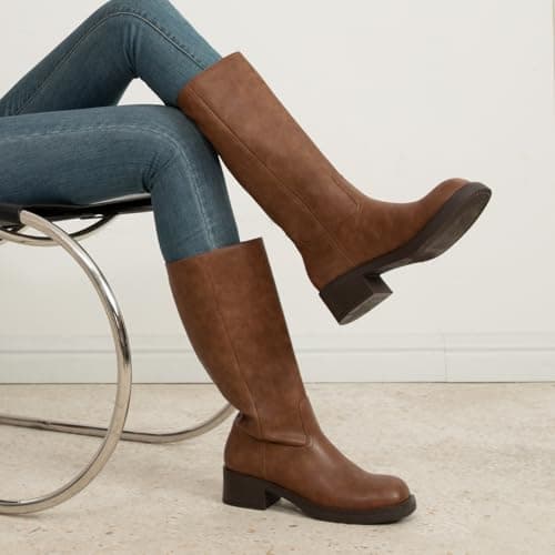 Athlefit Brown Knee High Boots for Women Chunky Heel Fall Tall Boots Square Toe Pull On Platform Casual Long Booties Size 6 - Thumbnail 2