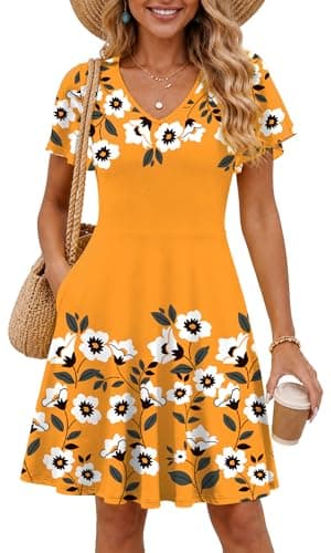 COSSEN Women's Summer Casual T Shirt Dress Yellow-Printed Small with Pockets - Short Sleeve V Neck Flowy Loose A-Line Sundress Vacation - Image 1