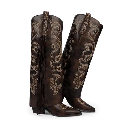 QIY Womens Retro Brown Boots Knee High Cowboy Boots for Women Cowgirl Fold Over Wide Calf Cowboy Boot for Women Fringe Western Embroidered Pointed Toe Chunky Heel with Tassels Tall Boot Size 6.5 - Thumbnail 5