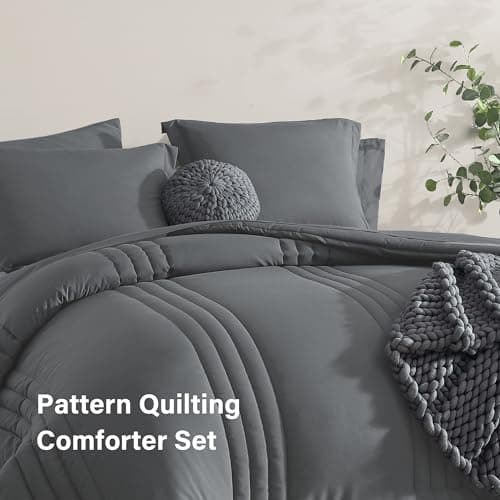 Monbix California King Size Comforter Set - 7 Pieces Bed in a Bag California King, Grey Bedding Sets with Comforter, All Seasons Comforter Bed Set with Sheets, Pillowcases & Shams - Thumbnail 4