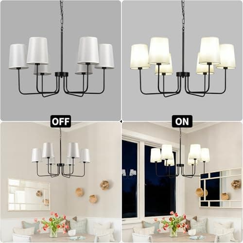 Omgomne Matte Black Farmhouse Chandelier with White Fabric Shades, 29.5” 6-Light Modern Dining Room Light Fixture, Minimalist Rustic Hanging Pendant Lamp for Kitchen Island, Living Room, E12 Base - Thumbnail 2