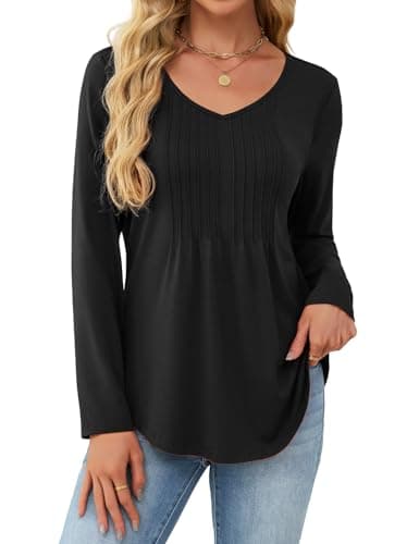 JUSTFASHIONNOW Winter Tops for Women V Neck Long Sleeve Shirts Pleated Plus Size Tunic Tops Peplum Dressy Blouses Women's Work Clothes Trendy 2025 (Black, Medium)
