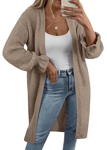 KIRUNDO Long Cardigan Sweaters for Women 2026 Spring Casual Oversized Ruffle Long Sleeve Open Front Chunky Knit Sweater Coats(Caramel, Medium) - Image 1